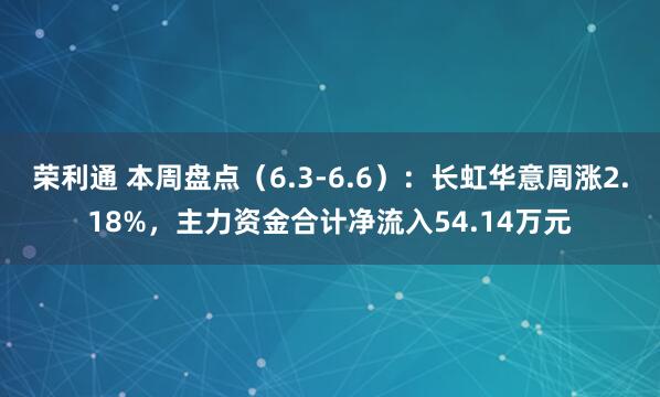 荣利通 本周盘点(6.3-6.6):长虹华意周涨2.18%,主力资金合计净流入54.14万元
